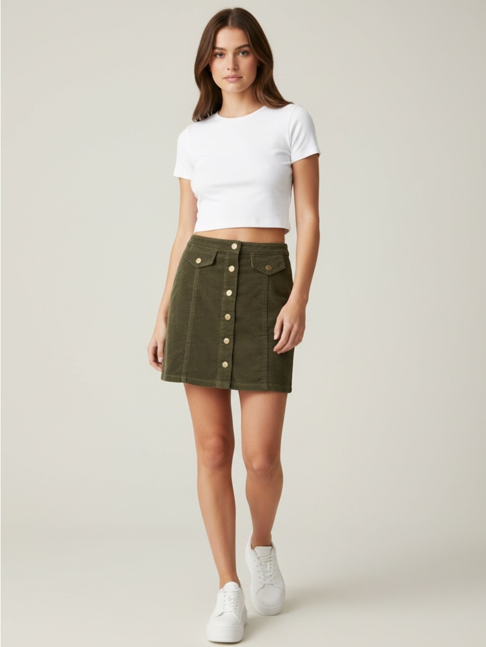 Blue Spice Olive Green Corduroy Button Front Mini Skirt Brass Snaps Size 0